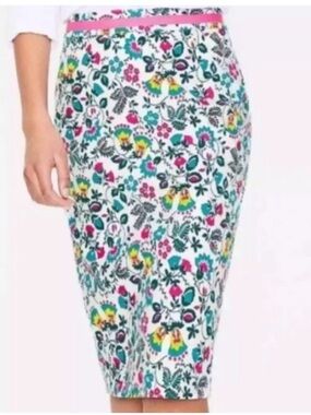 Boden Ivory Exotic Floral Print Pencil Skirt in Cream with Pink & Teal Accents